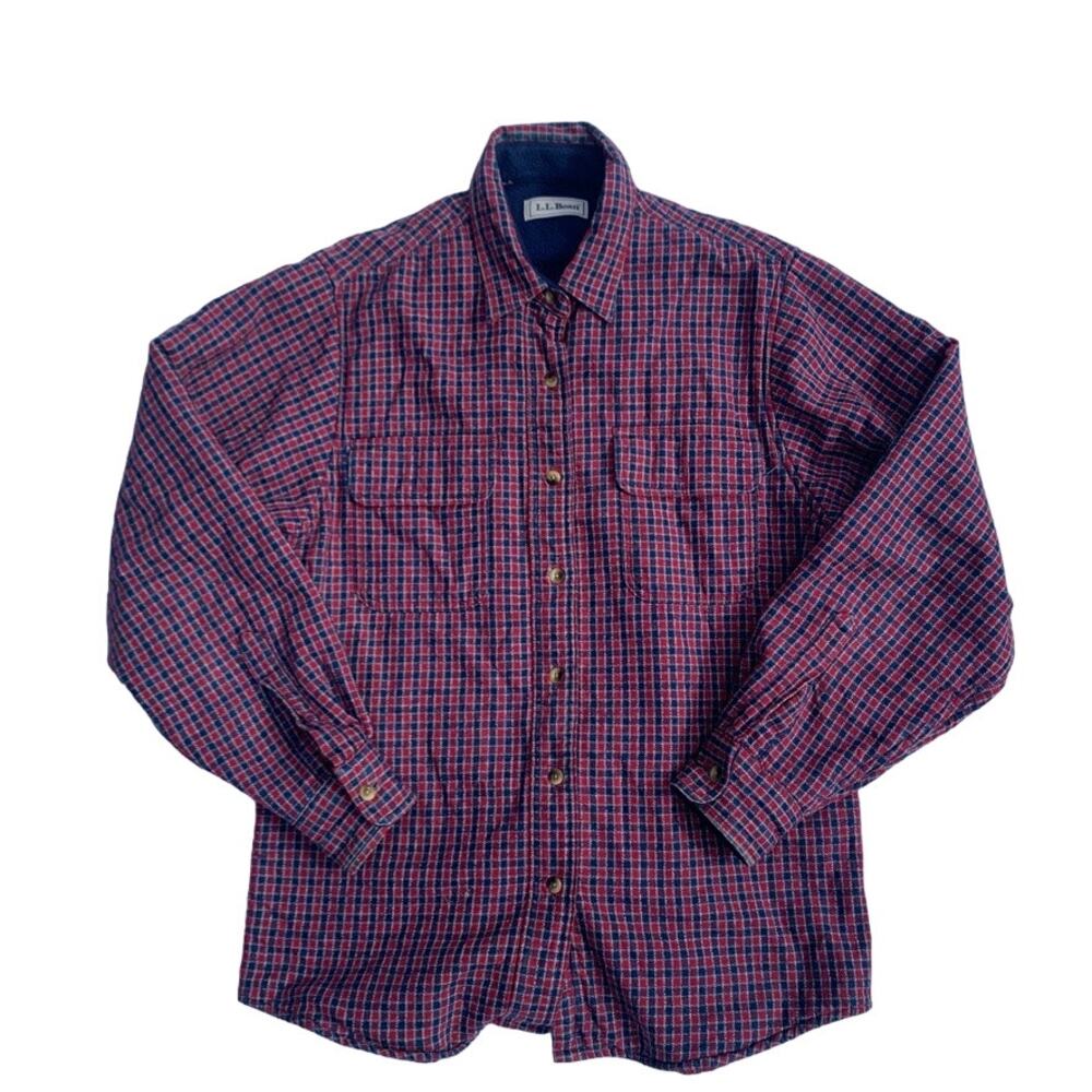 Vintage LL Bean Utility Fleece Plaid Blue Red Farmer Button Down
